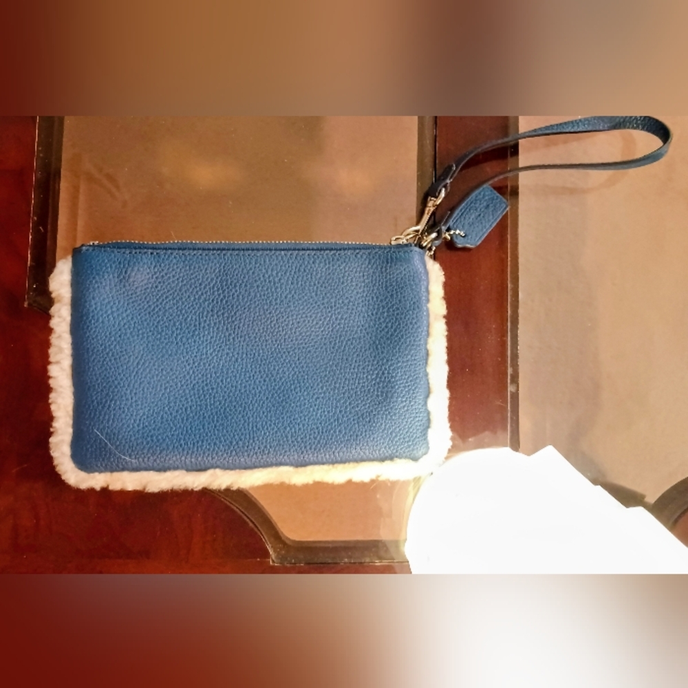 Coach Denim Blue and Ecru Shearling Trimmed Wristlet - Picture 2 of 4